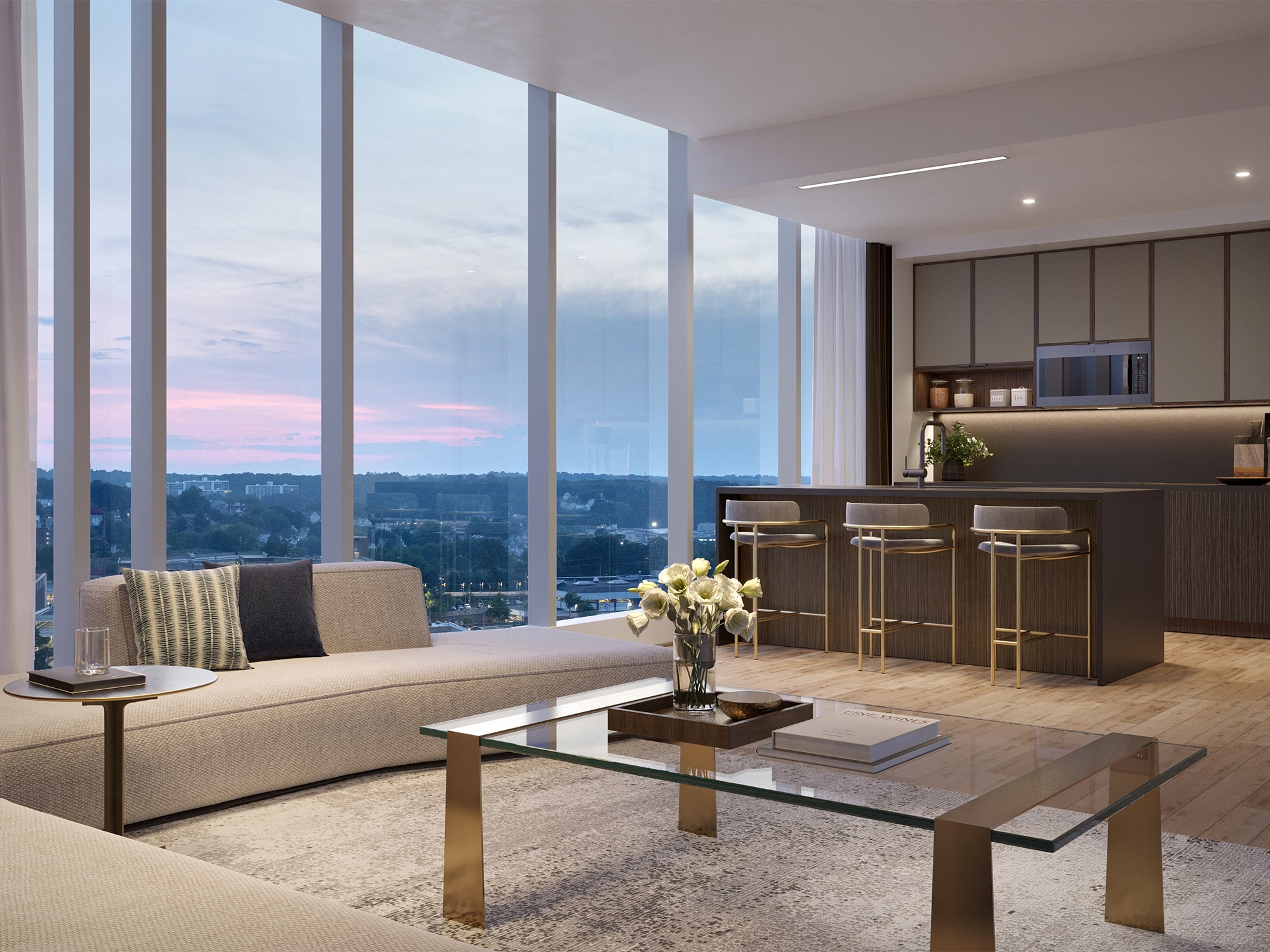 a rendering of a living room with a kitchen and a city view