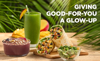 Tropical Smoothie Cafe lunch meal featuring a Detox Island Green® Smoothie, Acai bowl/smoothie bowl with Nutella® and fresh fruit, Caribbean Jerk Chicken Wrap sandwich, Kale & Apple Slaw side. Tropical Smoothie Cafe lunch meal featuring a Detox Island Green® Smoothie, Acai bowl/smoothie bowl with Nutella® and fresh fruit, Caribbean Jerk Chicken Wrap sandwich, Kale & Apple Slaw side.