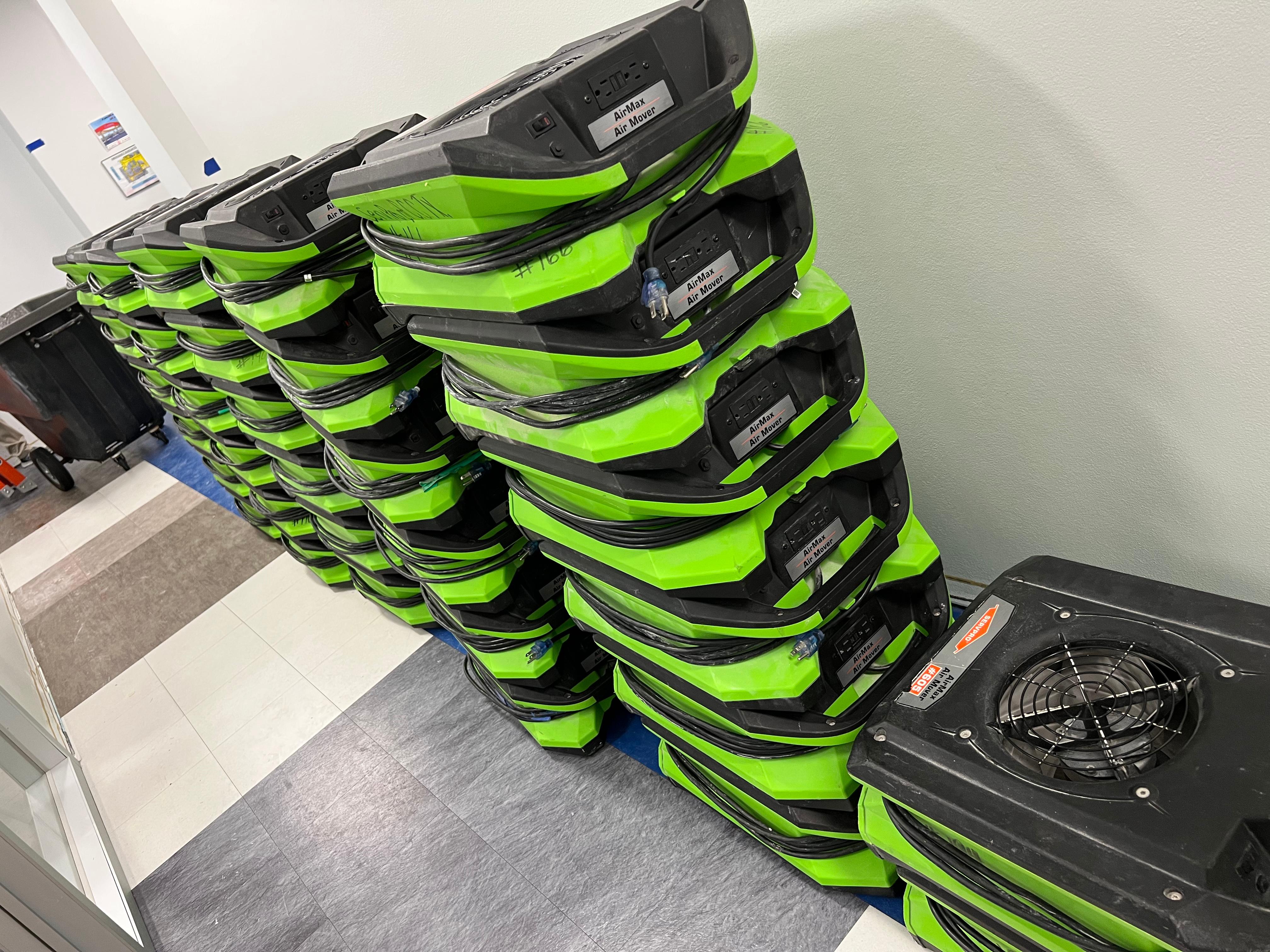 A stack of SERVPRO air movers was delivered to the work site and are ready to be deployed.
