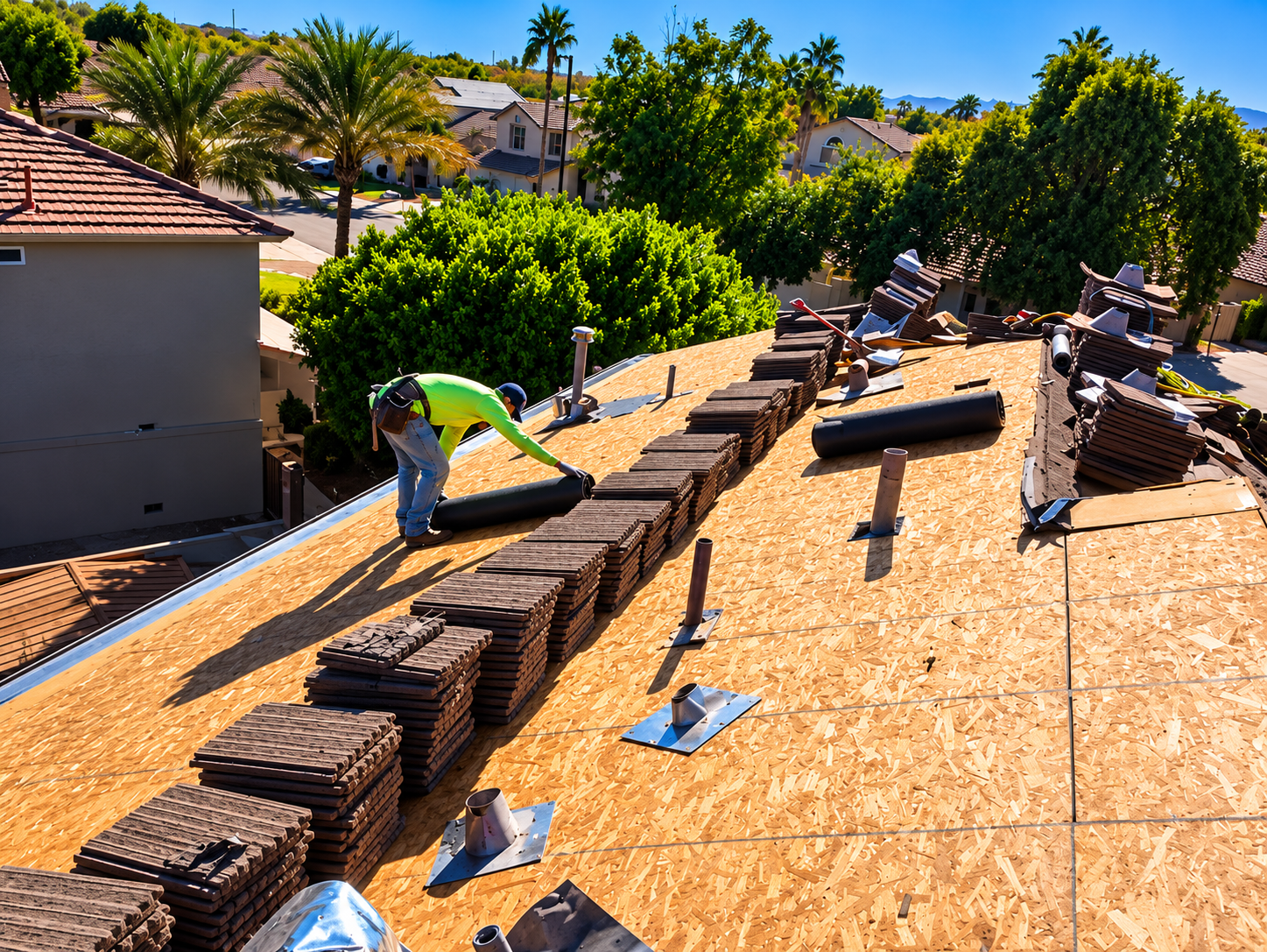 Apex AZ Roofing residential tile roof project in progress in Arizona, with roof decking exposed, roo 