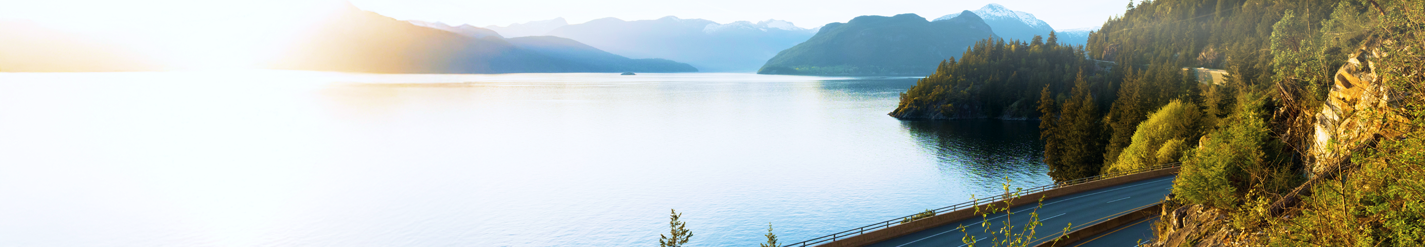 A road on a forested hillside that overlooks a lake and mountains in the distance.