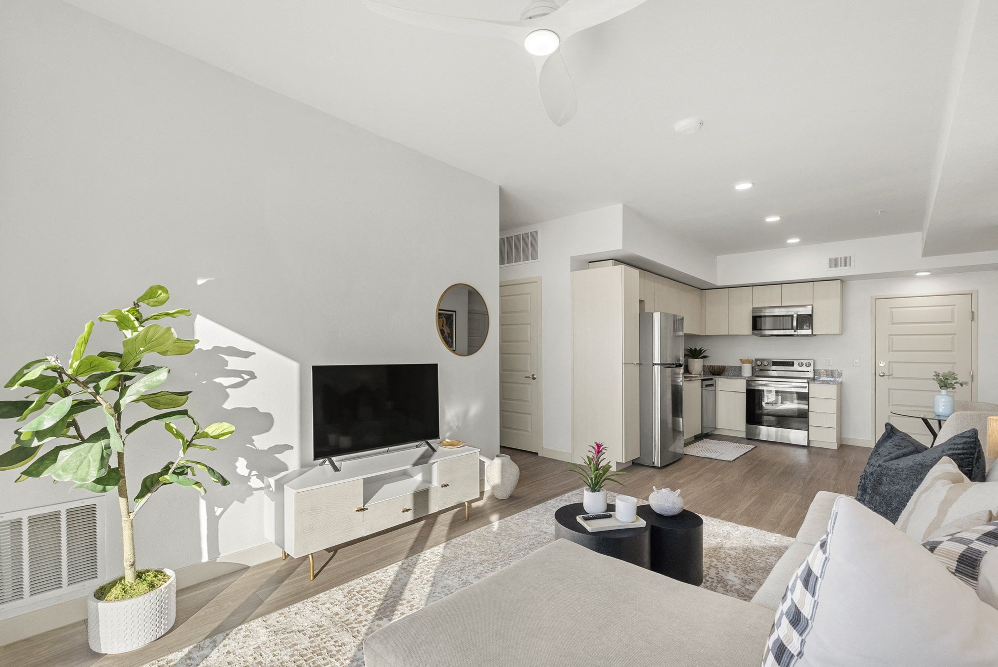 Open concept living space with kitchen and entertainment area
