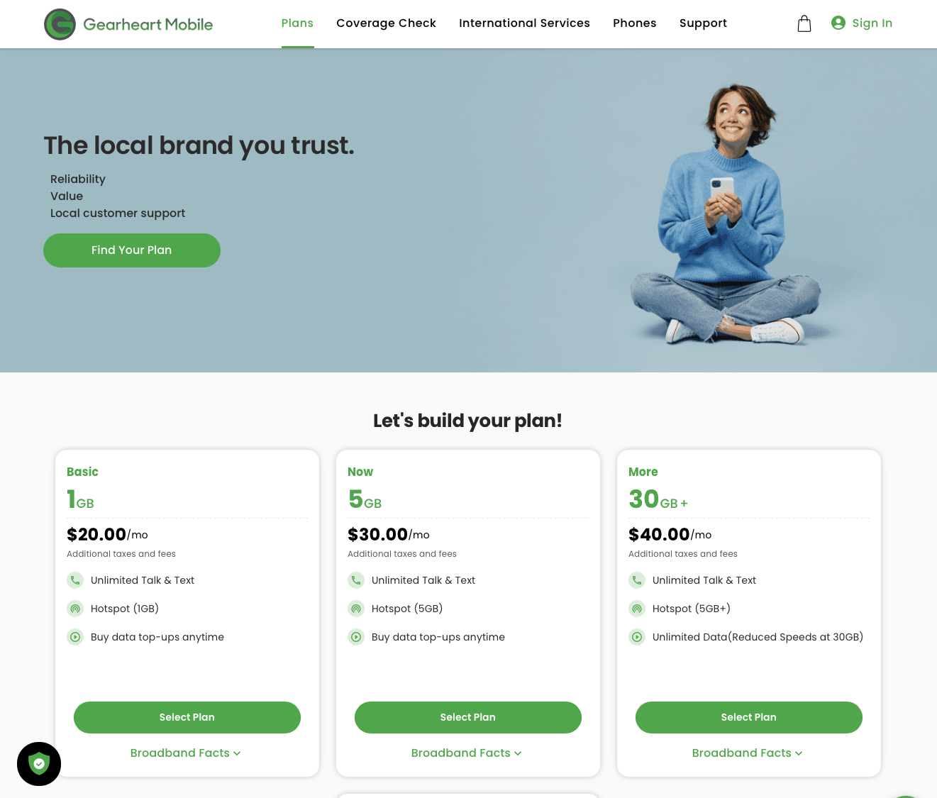 Gearheart Mobile website showcasing affordable 5G mobile service options from a local company customers know and trust.