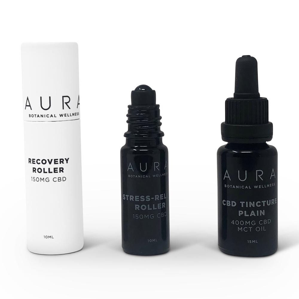 CBD roller and tincture bottle packaging for Aura Botanical Wellness. Custom packaging by PLC Print.