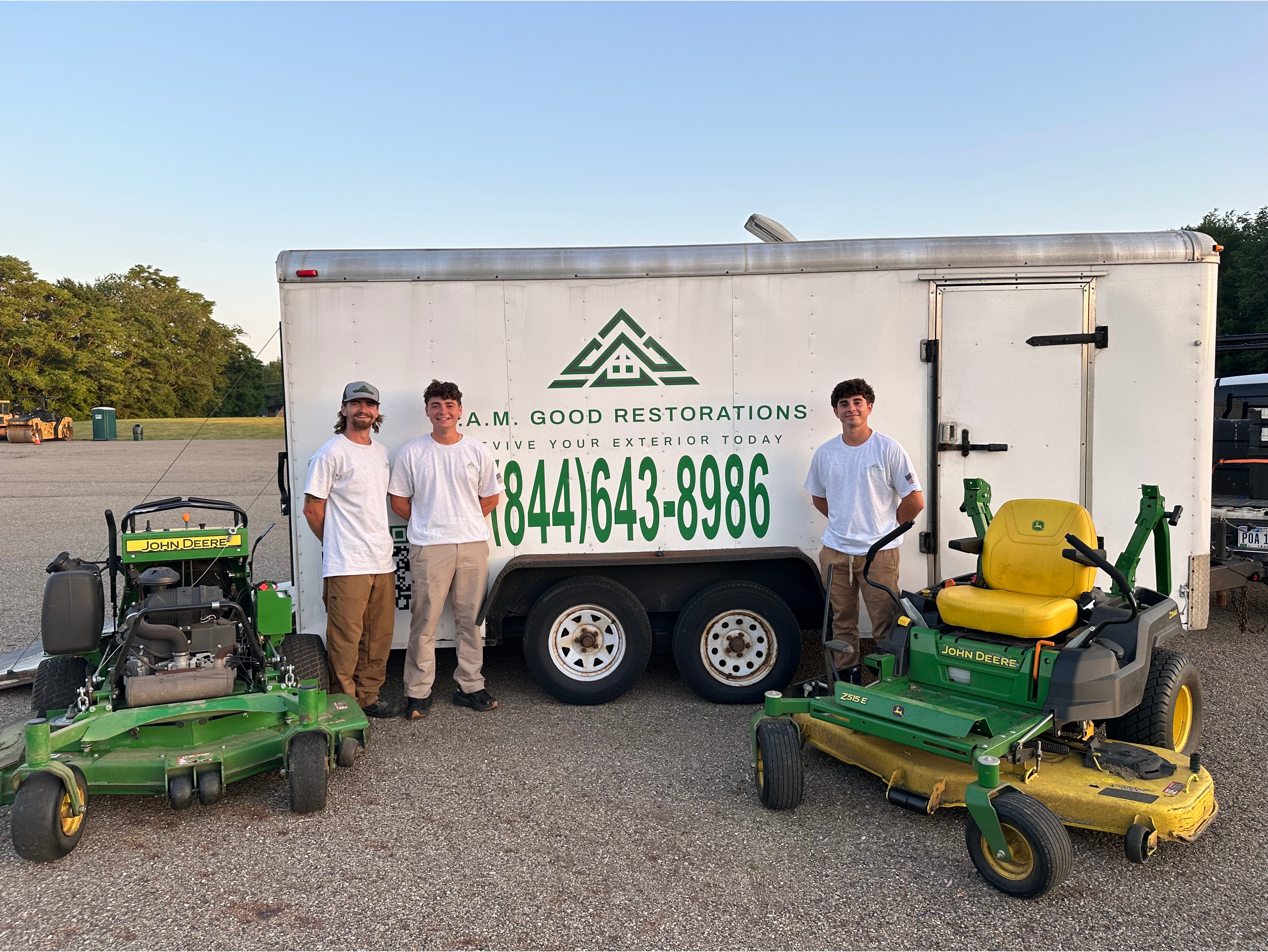 Our crew, our equipment, ready to work. The D.A.M. Good Restorations team shows up with professional-grade John Deere mowers and a fully stocked trailer to handle every landscaping and power washing job in Canton, Ohio and the surrounding area. For reliable service give us a call at (844) 643-8986 to get your property looking its best.