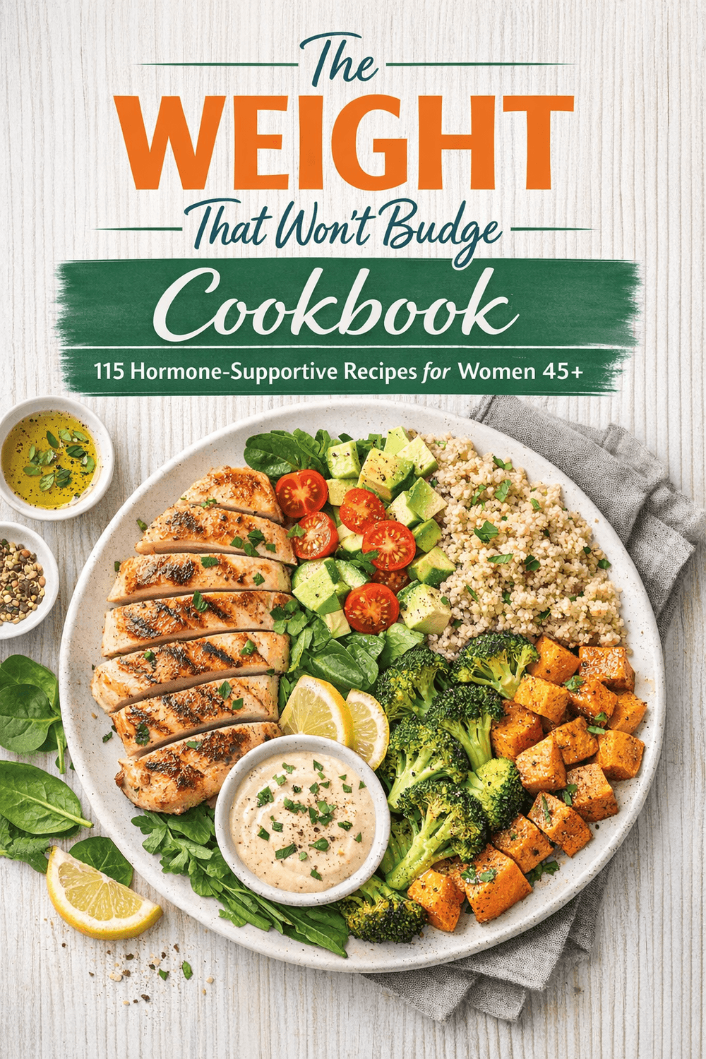 A flat lay cookbook cover titled 'The Weight That Won't Budge Cookbook' featuring 115 Hormone-Supportive Recipes for Women 45+. The foreground shows a large white plate filled with a healthy meal. The meal consists of sliced grilled chicken, quinoa, cherry tomatoes, diced avocado, broccoli florets, and roasted sweet potato cubes. A small bowl of creamy dressing with chives and a lemon wedge are also on the plate. Two small dishes of ingredients, one with oil and herbs and another with spices, are visible to the left of the main plate. The background is a light, textured wooden surface.