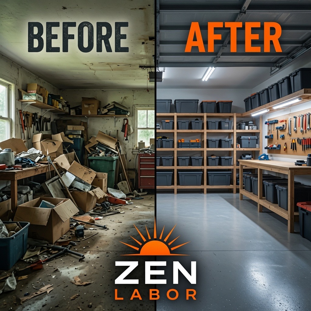 Before-and-after transformation of a cluttered garage into an organized, clearly labeled storage space, showcasing ZenLabor's home reset and organization service.