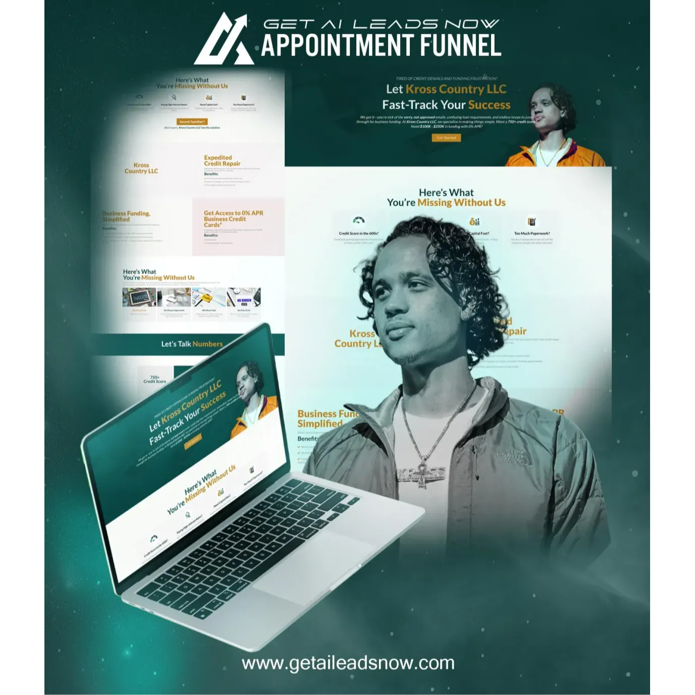 Kross Country Credit & Funding Funnel:
This appointment funnel combines powerful brand storytelling with expert credit education and funding access. Designed for financial professionals and credit repair experts, it positions your business as a solution provider and fast-tracks qualified leads to your calendar.