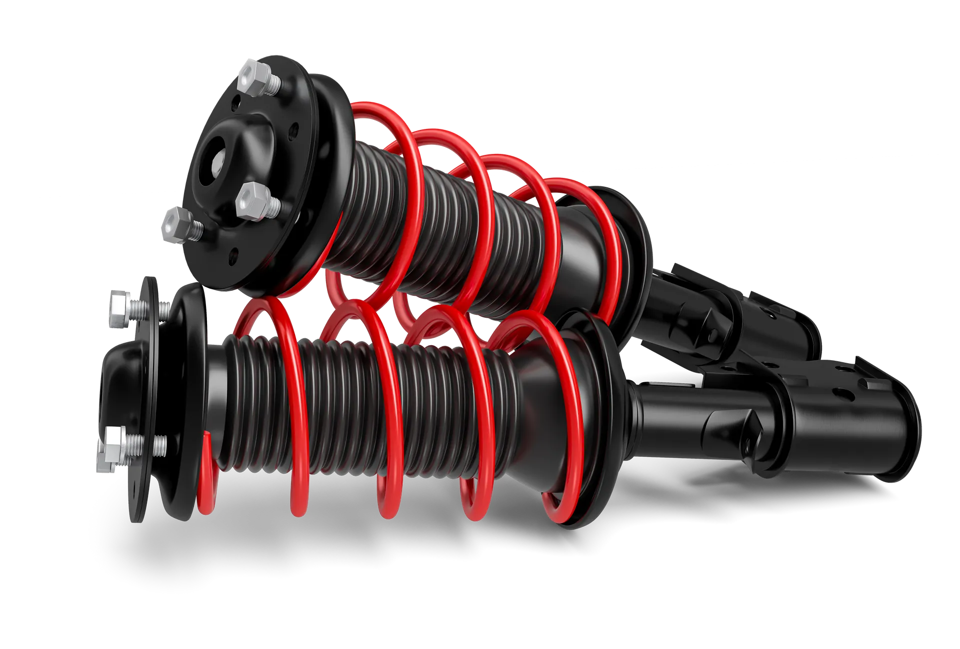 A pair of black and red car shock absorbers are shown against a plain black background. The shock absorbers feature red coiled springs wrapped around black cylindrical bodies. Silver bolts are visible attaching the top mounts of the shock absorbers. The image is a studio render with a clean, minimalistic aesthetic, highlighting the product's design and components.