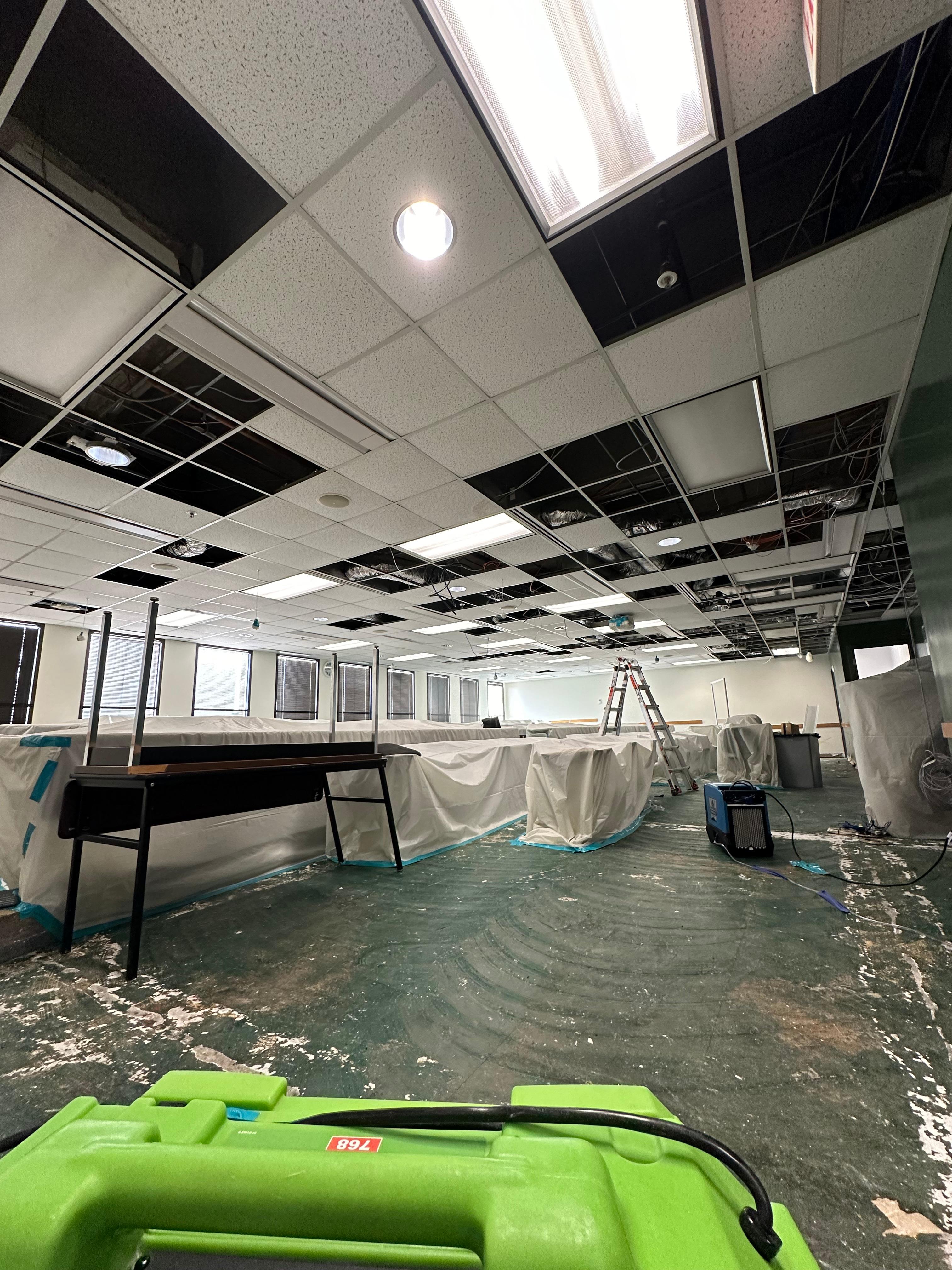 The SERVPRO team had to remove all of the flooring, drywall and ceiling tiles due to a water leave on the floor above.