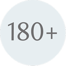The number 180+ in a circle.