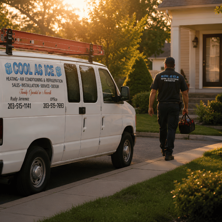 Cool As Ice HVAC technician arriving at a Fairfield County home for a heating and cooling service ca 