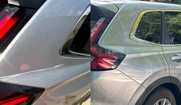 Before-and-after photos show a silver SUV with scratches and paint damage near the rear quarter wind 
