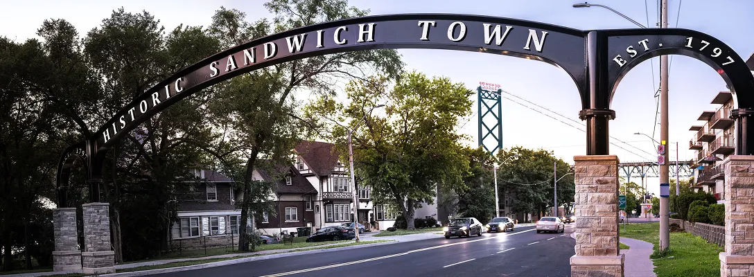 Welcome signage as you enter historic Sandwich Town in Windsor, Ontario.