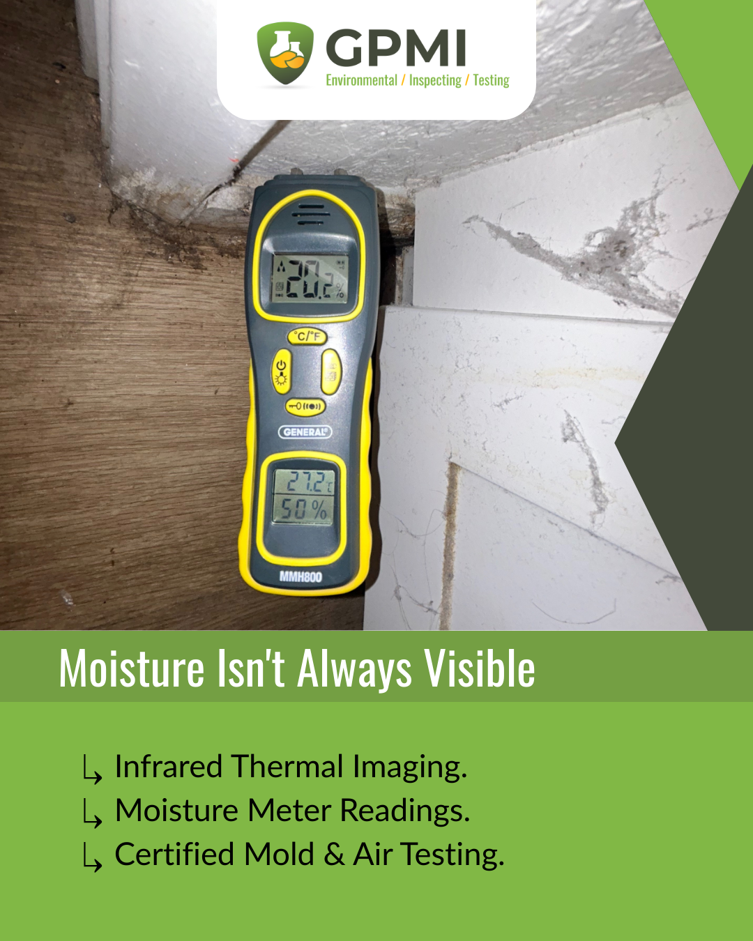 Moisture inspection photo showing a meter reading on an interior wall to identify hidden water intrusion and potential mold concerns.