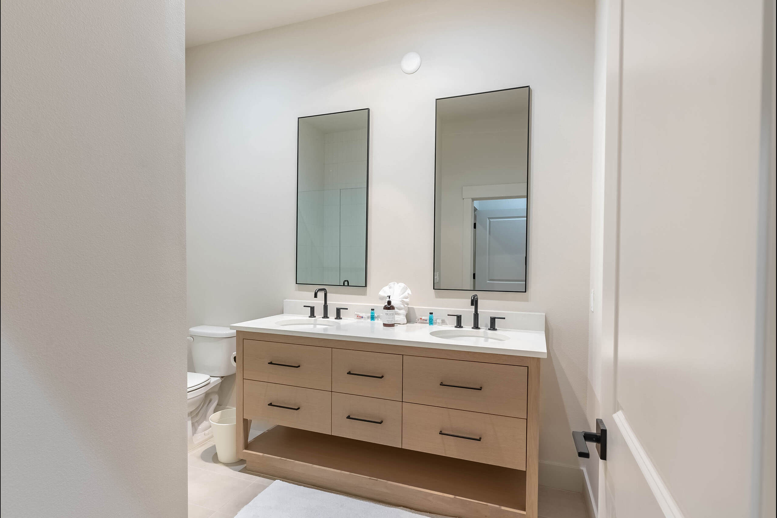 A bathroom with a vanity and a toilet.