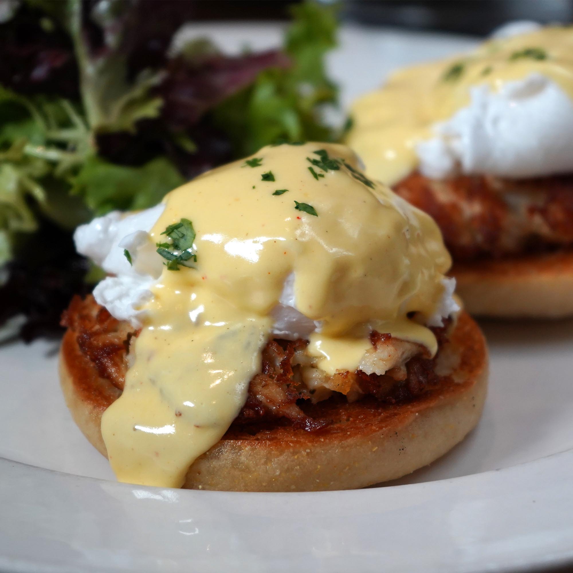 Blue crab, poached eggs, hollandaise sauce, english muffin, mixed field greens.