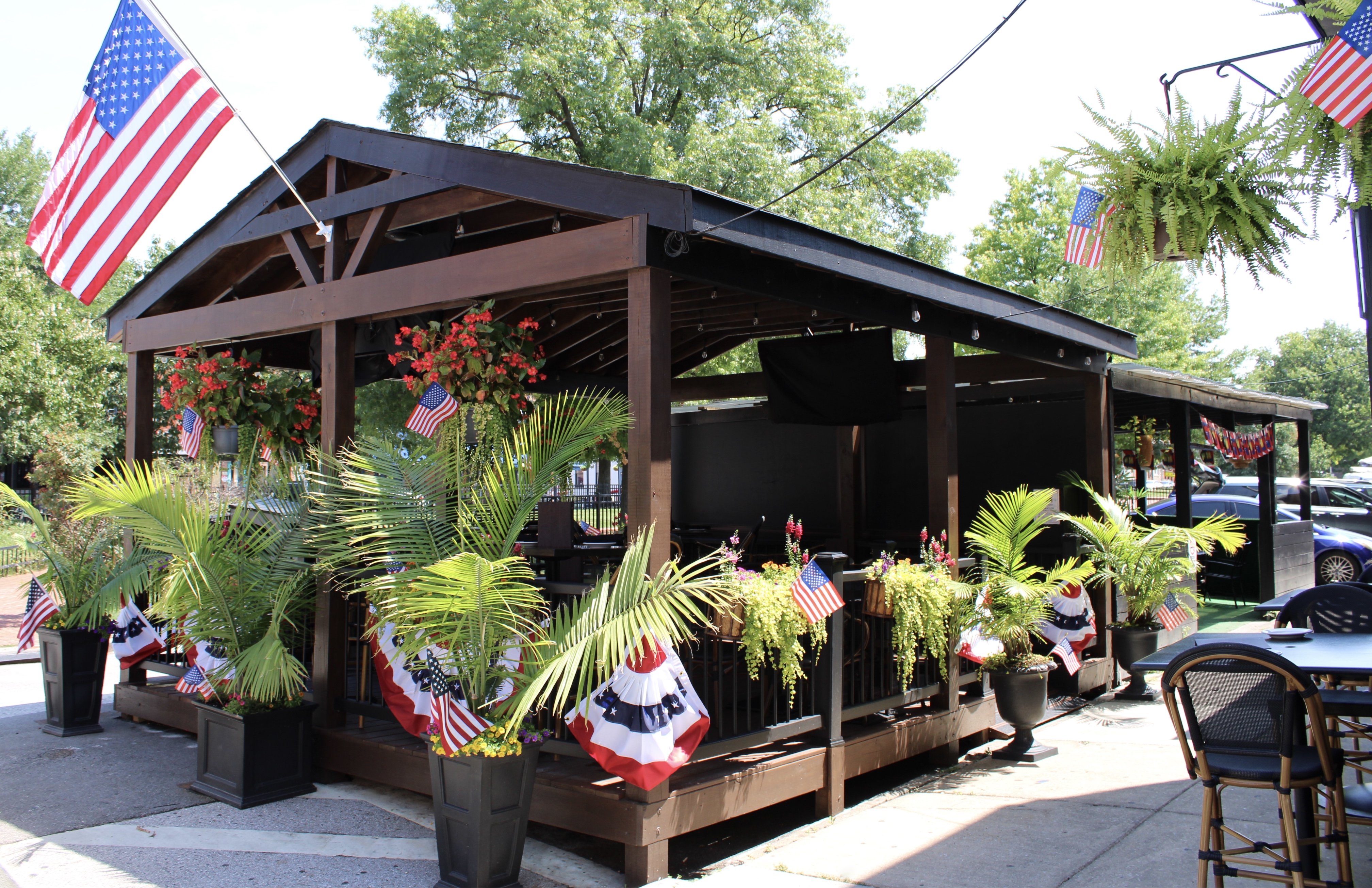 Mama's On The Half Shell Baltimore Outdoor Dining Area dressed in American flags for Fourth of July 