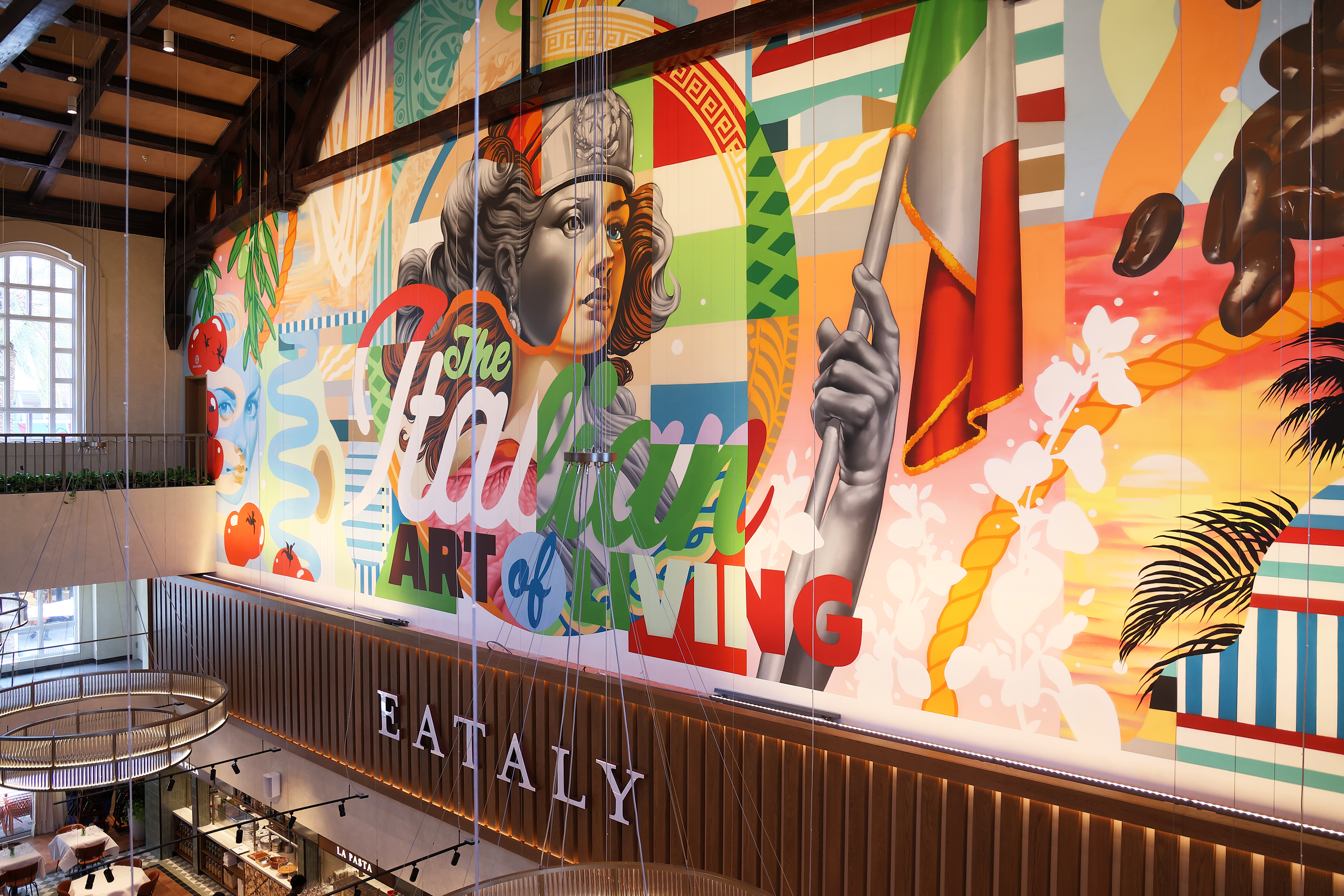 Colorful artwork celebrating Italian culture and the spirit of Eataly. 