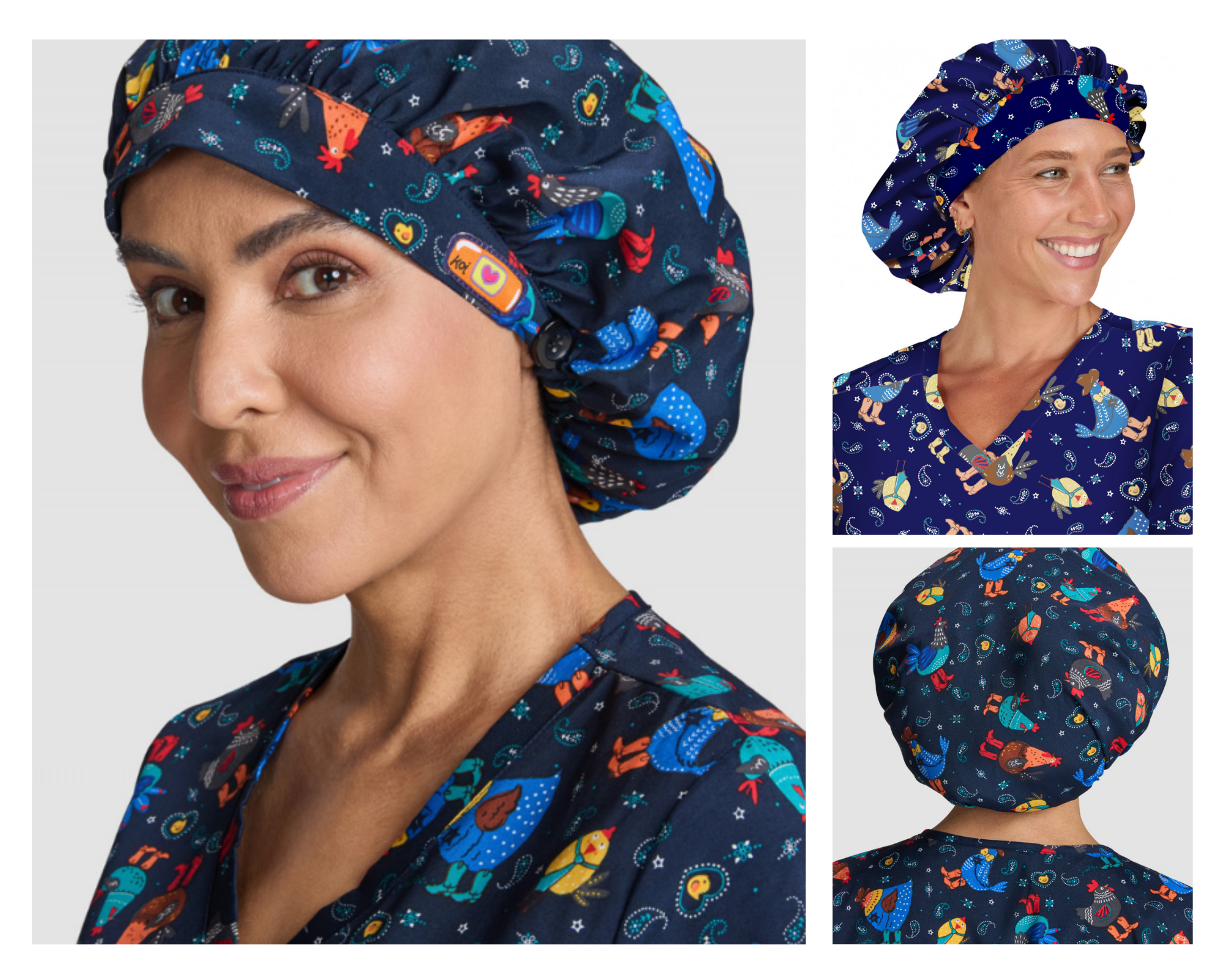 Bouffant Scrub Cap Stylish bouffant scrub cap with fun print and stretch for comfort and easy fit. Breathable stretch fabric, Includes button for mask loops to ease stress on ears, Ideal for individuals with longer or fuller hair, Great for doctors, nurses, spa workers and more, Washable