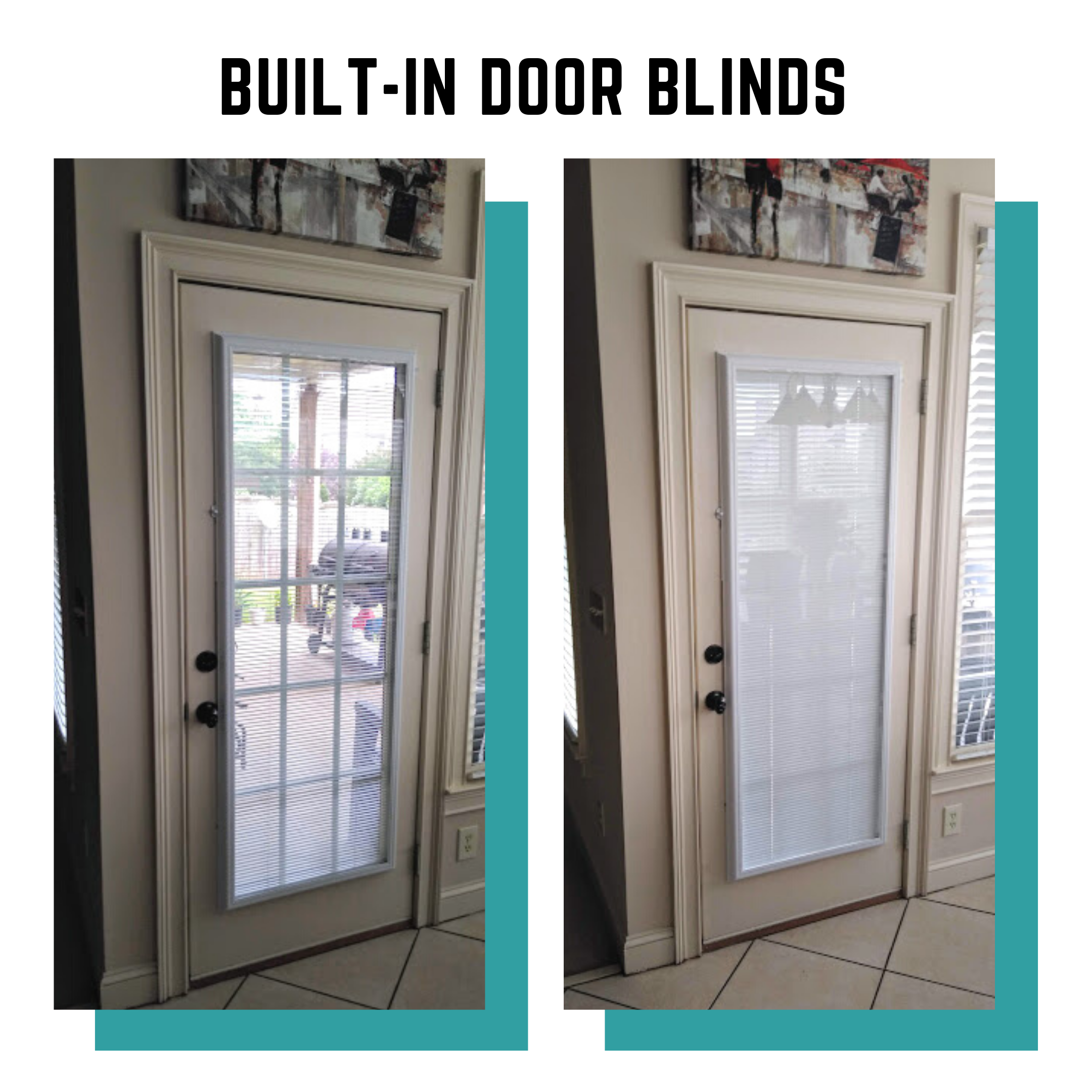 Builtin door blinds: Whatever our customers need, we provide. This customer wanted something that would have a small projection from the door and not move whenever the door opened. They also wanted to maintain ability to tilt open or closed. The solution is these cased in blinds