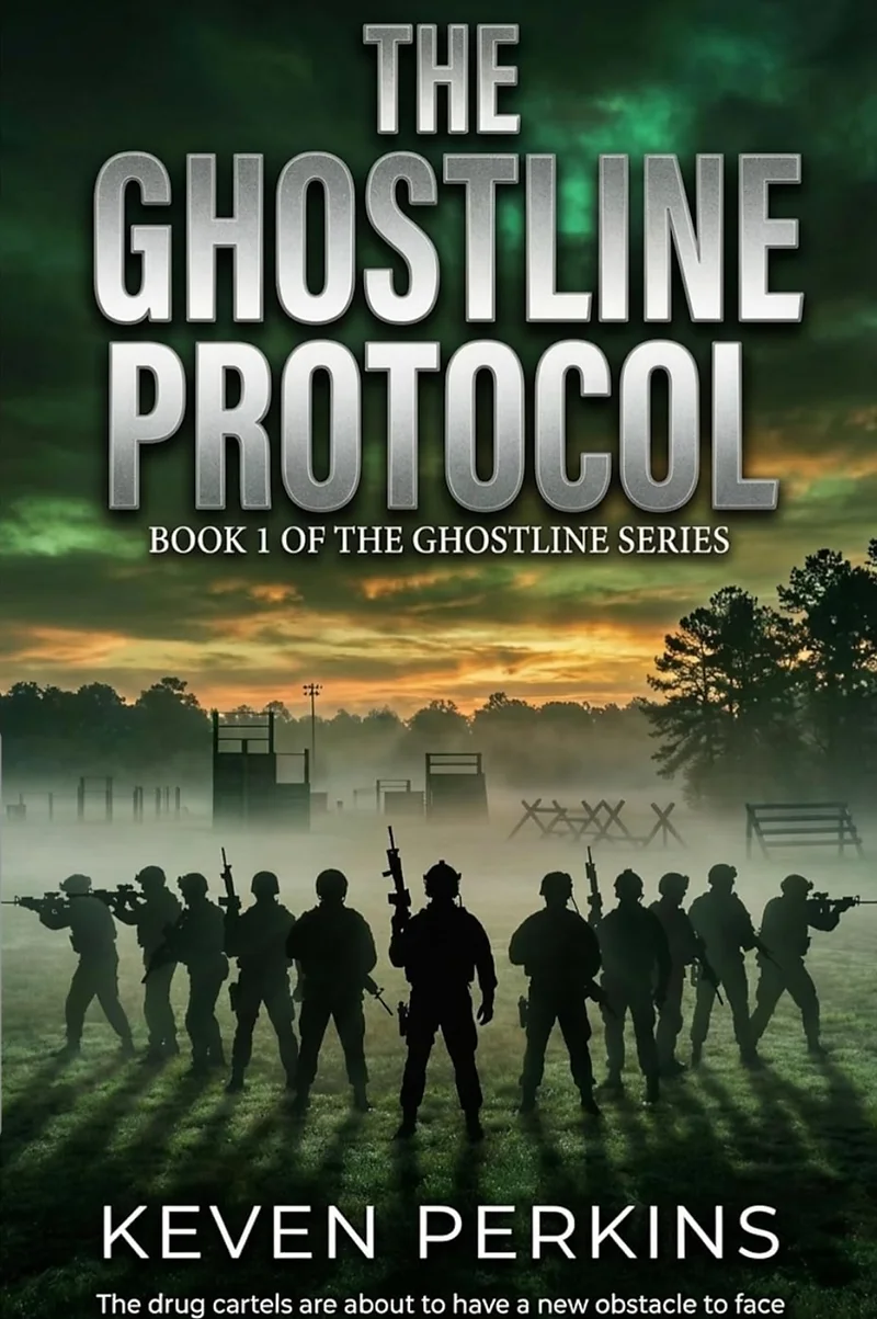 A book cover for "The Ghostline Protocol: Book 1 of the Ghostline Series" by Keven Perkins. The cover features a silhouetted group of soldiers holding rifles, standing in a foggy training ground during a sunrise or sunset. The title and author's name are prominently displayed in metallic lettering.