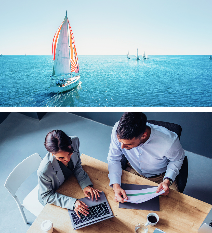 A picture of a sailboat next to a wealth management team collaborating.