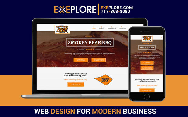 Responsive website design by EXEPLORE Managed Website Services: Catering and Eats website design for Smokey Bear BBQ of Hamburg, PA.