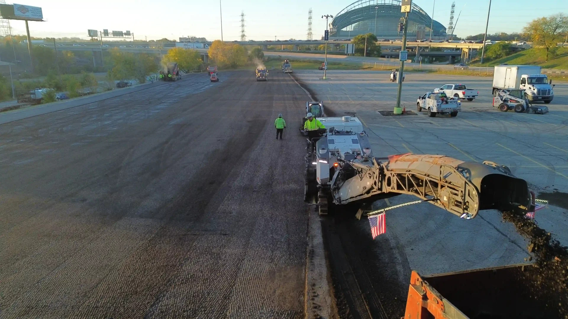 PLM Crew providing fresh asphalt milling service for American Family Field in Milwaukee.