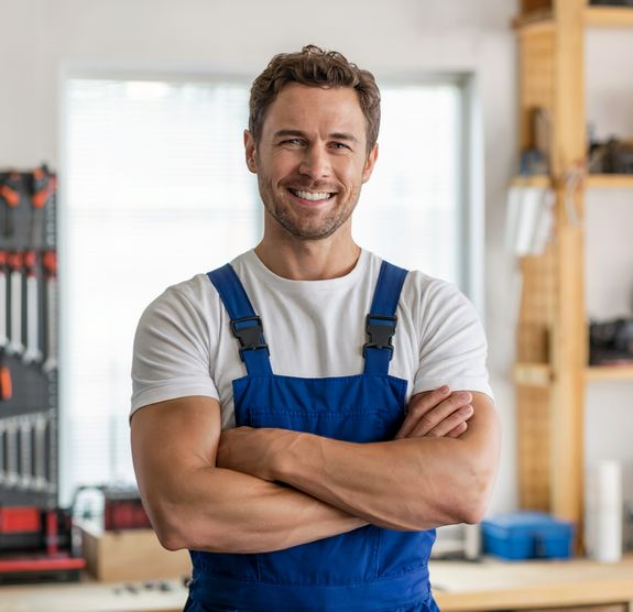 A smiling man in blue overalls and a white t-shirt stands with his arms crossed in a workshop. He ha 