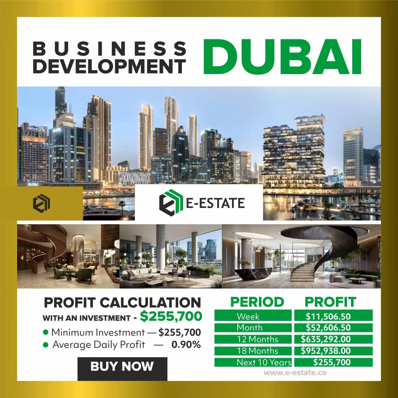 A graphic promoting 'Business Development Dubai' with a profit calculation for an investment of $255 