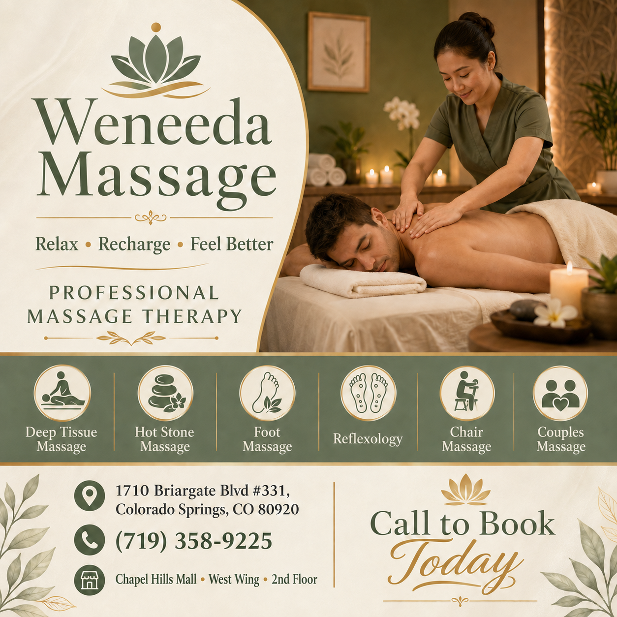 The full body massage targets all the major areas of the body that are most subject to strain and
discomfort including the neck, back, arms, legs, and feet.
If you need an area of the body that you feel needs extra consideration,
such as an extra sore neck or back, feel free to make your massage therapist aware and
they will be more than willing to accommodate you.