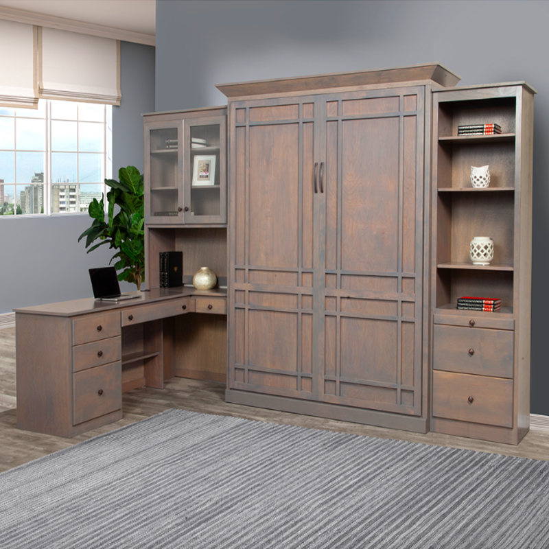 The Oxford is a uniquely designed wallbed that comes in full and queen size. You can choose from Alder or Oak finishes and many different color options.