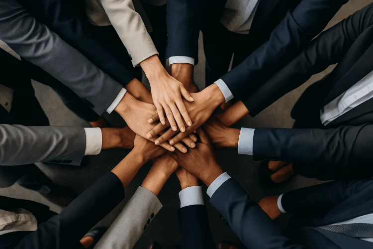 A group of business professionals' hands are stacked in a huddle, symbolizing teamwork and collaboration. They are all wearing formal suits and dress shirts, suggesting a corporate or professional environment. The image is shot from a top-down perspective, focusing on the hands and arms as they come together.