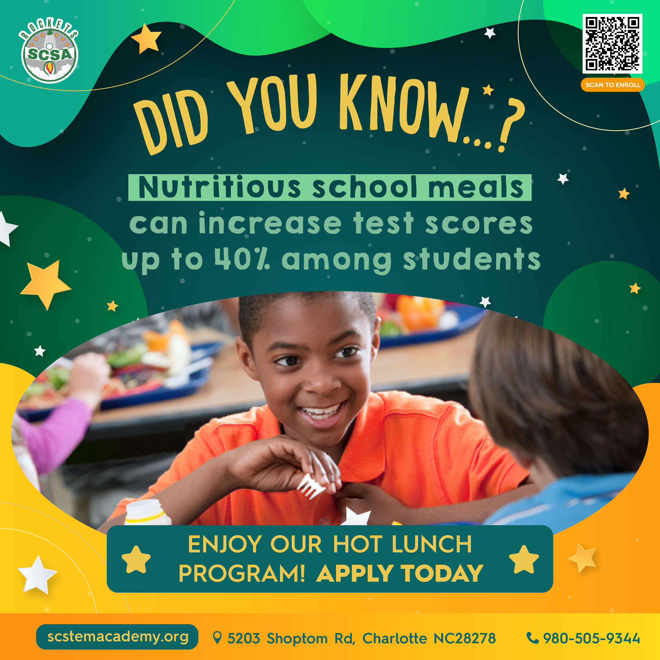 Enjoy hot meals at Southwest Charlotte STEM Academy's cafeteria! You can check our Lunch and Breakfast menu on our website.  â¡ Apply NOW: scstemacademy.org  LunchProgram  FreeMeals  ReducedLunch  HotMeals  SchoolCafeteria