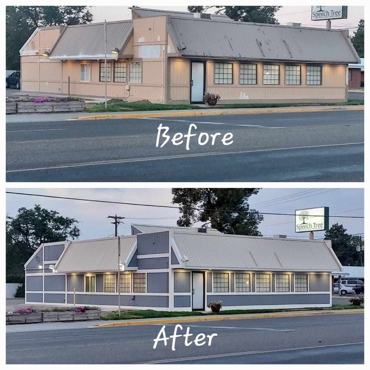 Before and After painting exterior commercial building.