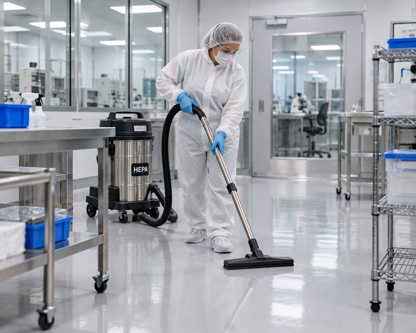 A cleaning professional wearing protective clothing uses a HEPA vacuum in a controlled facility, representing specialized commercial cleaning for cleanrooms and sensitive environments.