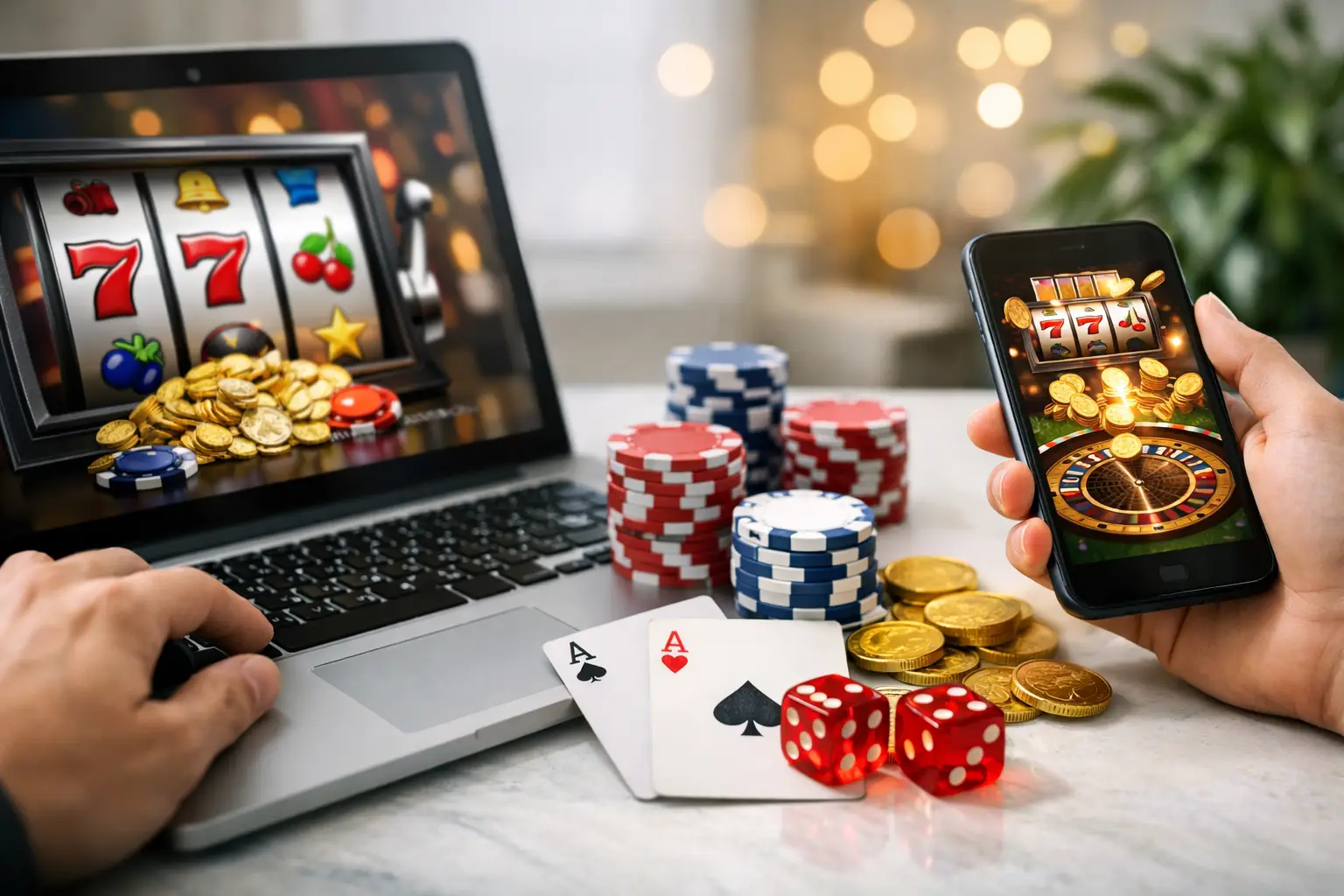 A laptop screen displays a slot machine with winning symbols and coins, next to stacks of casino chips, gold coins, dice, and playing cards. A hand holds a smartphone also showing a slot machine and roulette wheel, suggesting online gambling.