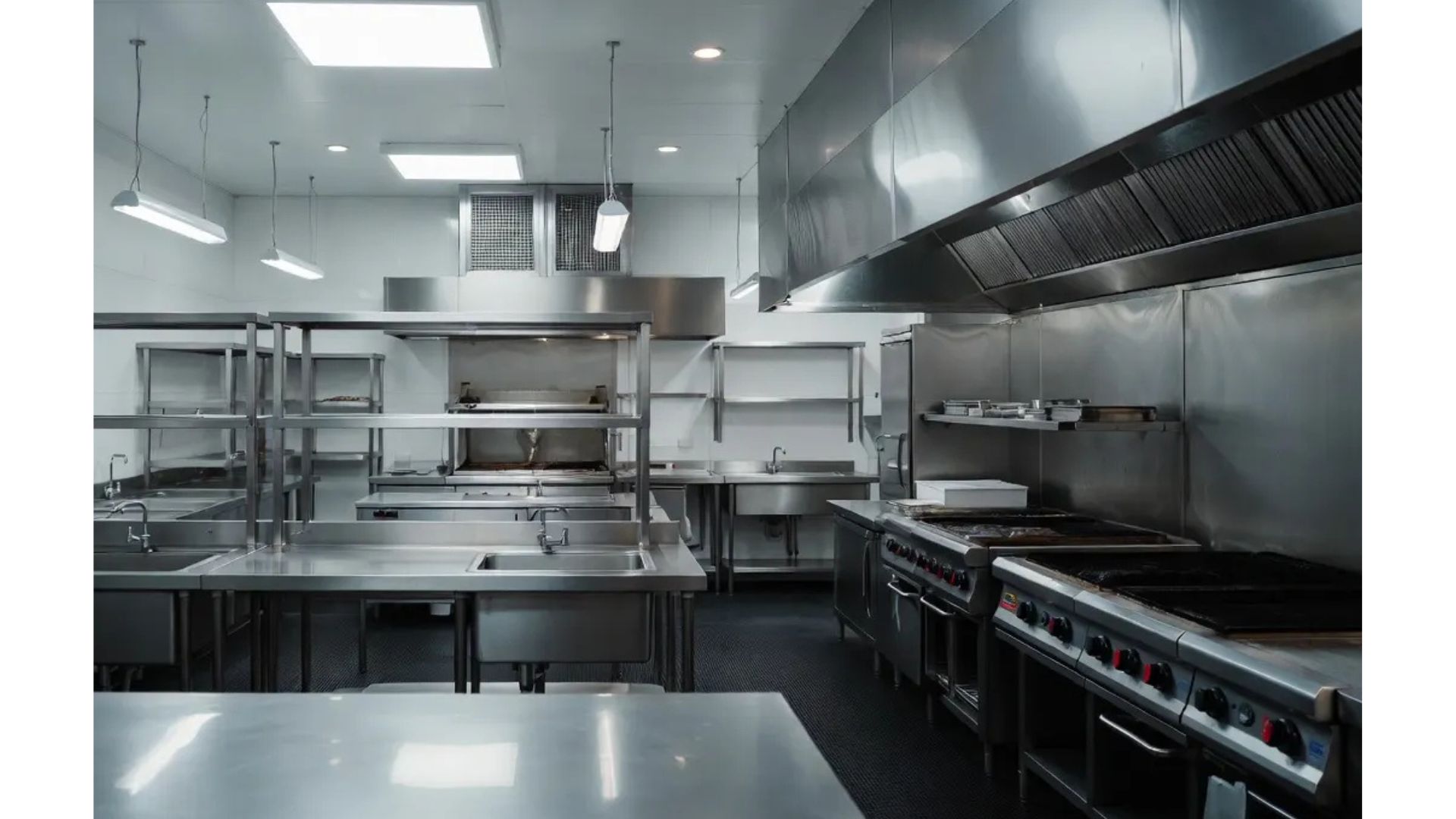 Wide view of a fully equipped commercial stainless steel kitchen featuring prep tables, sinks, and heavy-duty cooking ranges.