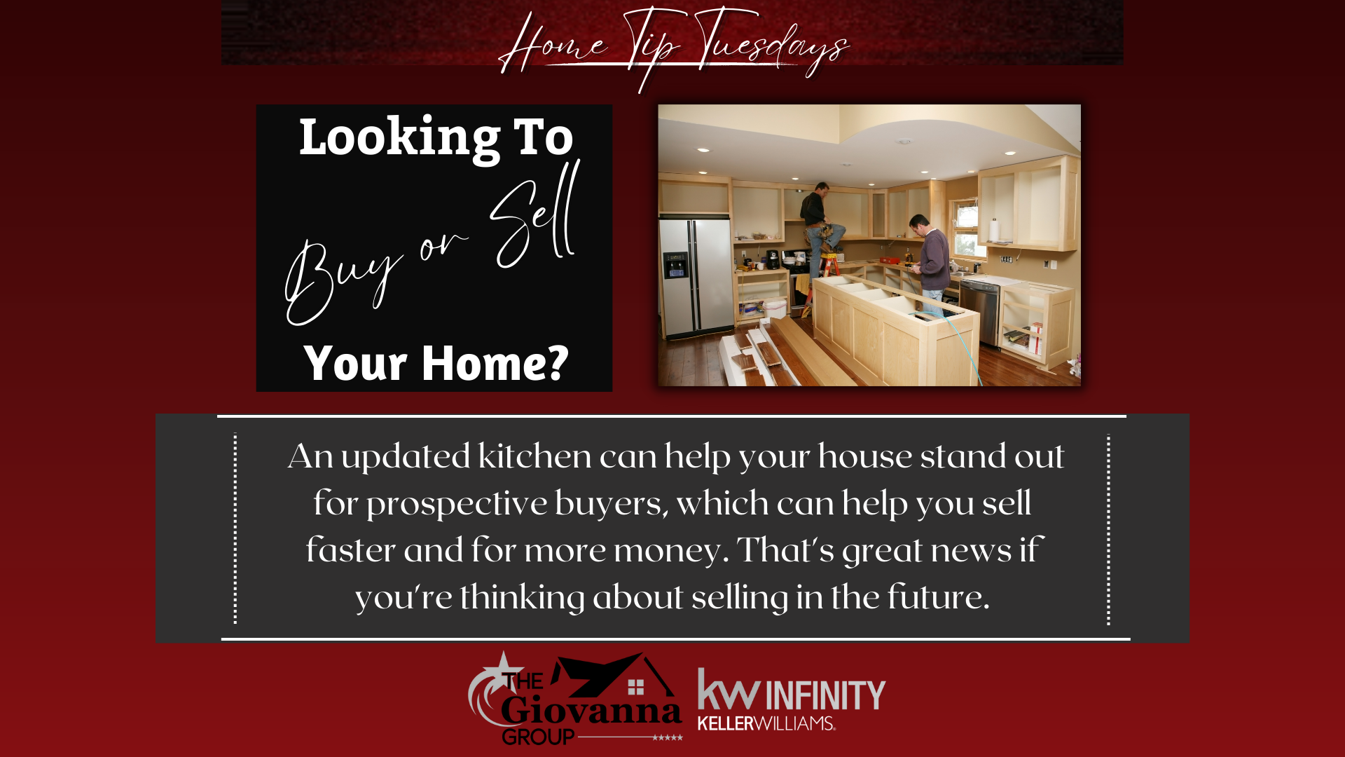 Home Tips Tuesday! Looking to Buy or Sell your home? An updated kitchen can make all the difference in attracting potential buyers and increasing your home's value.  kellerwilliams  kw  HomeTipsTuesday  RealEstate  KitchenUpgrade