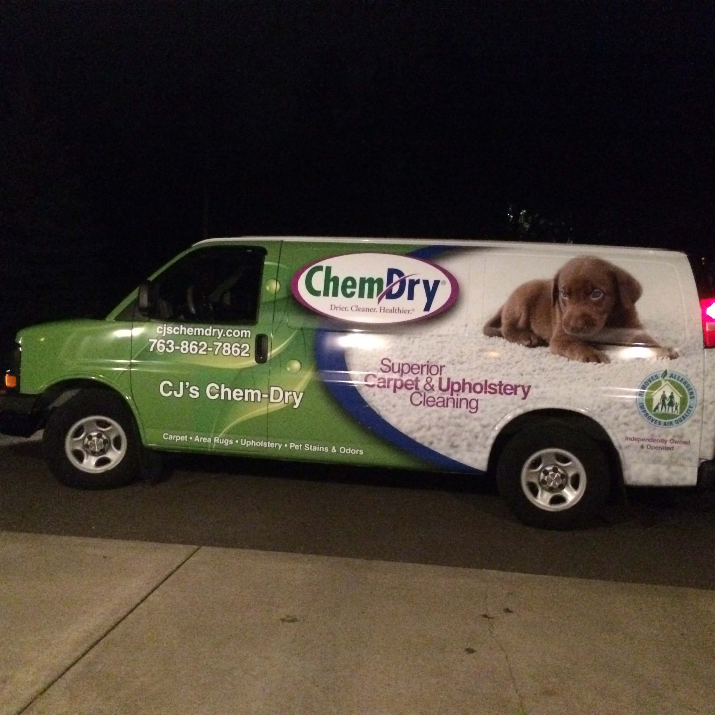 Green CJ's Chem-Dry carpet cleaning van