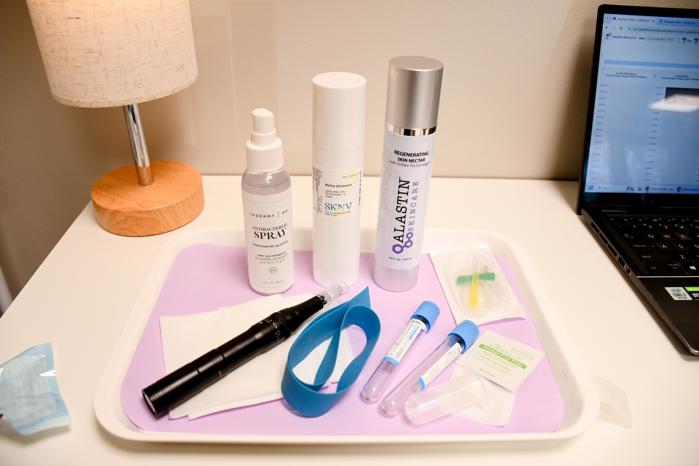 Medical-grade skincare treatment tray at Care Esthetics Delaware
