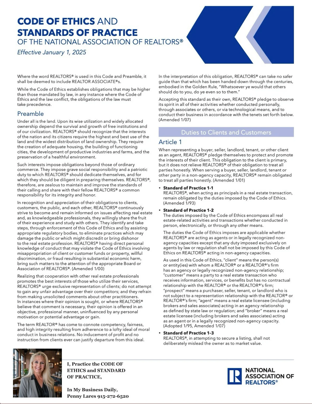 A document titled "CODE OF ETHICS AND STANDARDS OF PRACTICE OF THE NATIONAL ASSOCIATION OF REALTORS&reg;" with an effective date of January 1, 2025. The document contains text detailing ethical guidelines and standards for real estate professionals. There is a photograph of a woman in the lower left corner and a logo for the National Association of Realtors in the lower right corner.