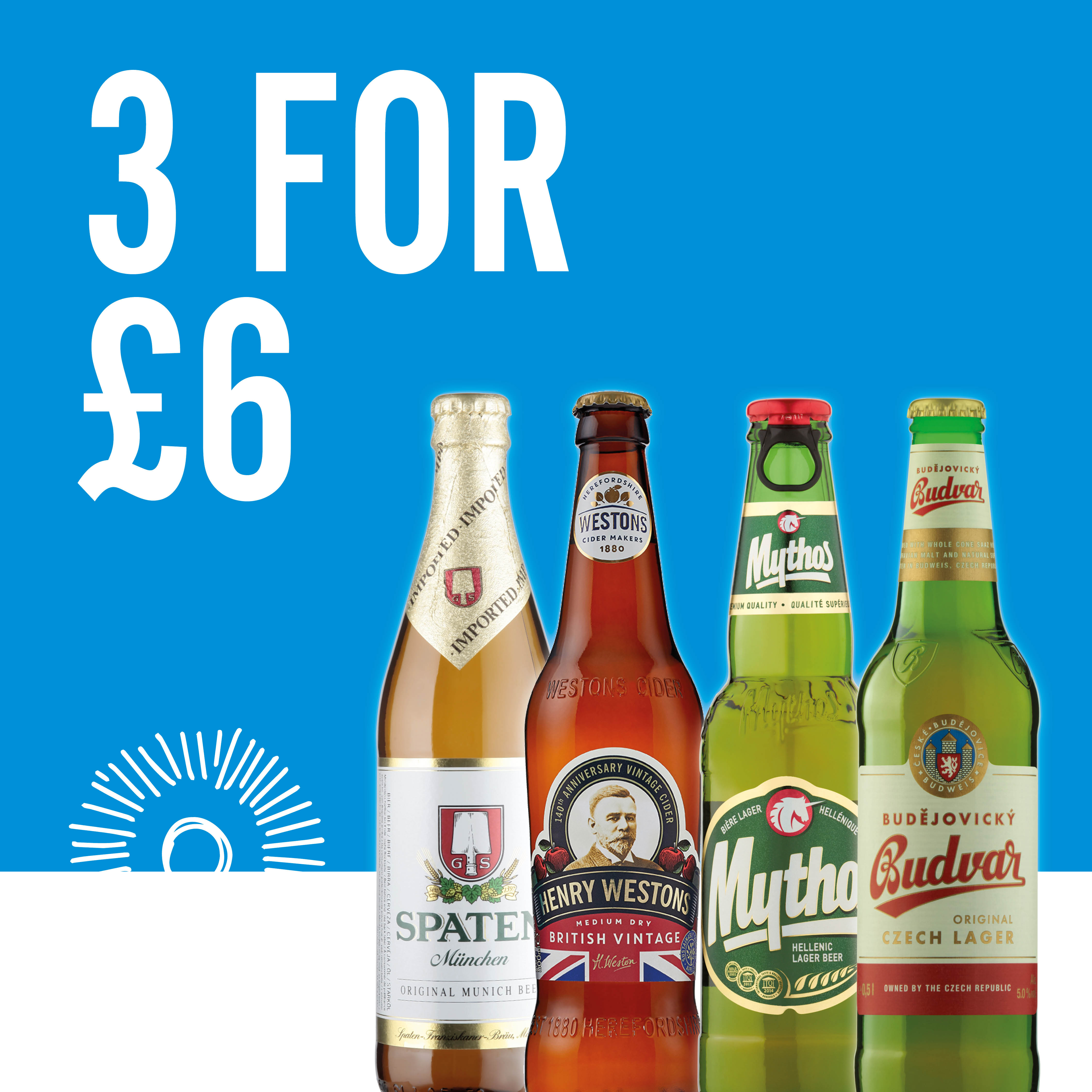 3 for £6 on selected bottled beers and ciders