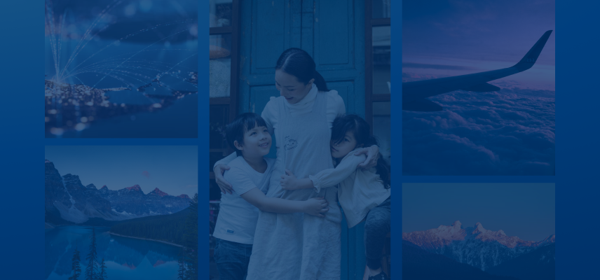 Collage of photos including a mother hugging her two young children, a snow-capped mountain at sunrise, an airplane wing against a background of clouds, and a picturesque alpine lake.