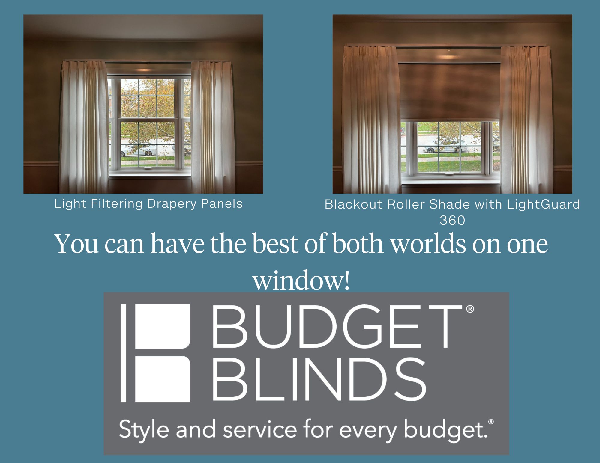 You can have the best of both worlds for privacy and light filtration by combining sheer drapery with black out roller shades!