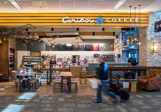 Storefront of the Caribou Coffee at 4300 Glumack Drive in St. Paul