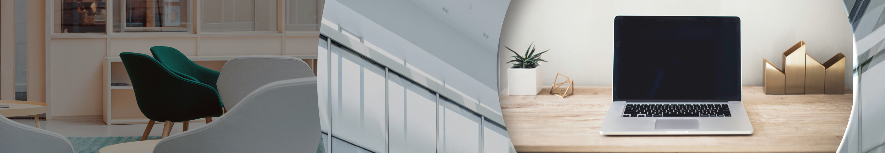 Collage featuring a modern living room and an open laptop on a desk.