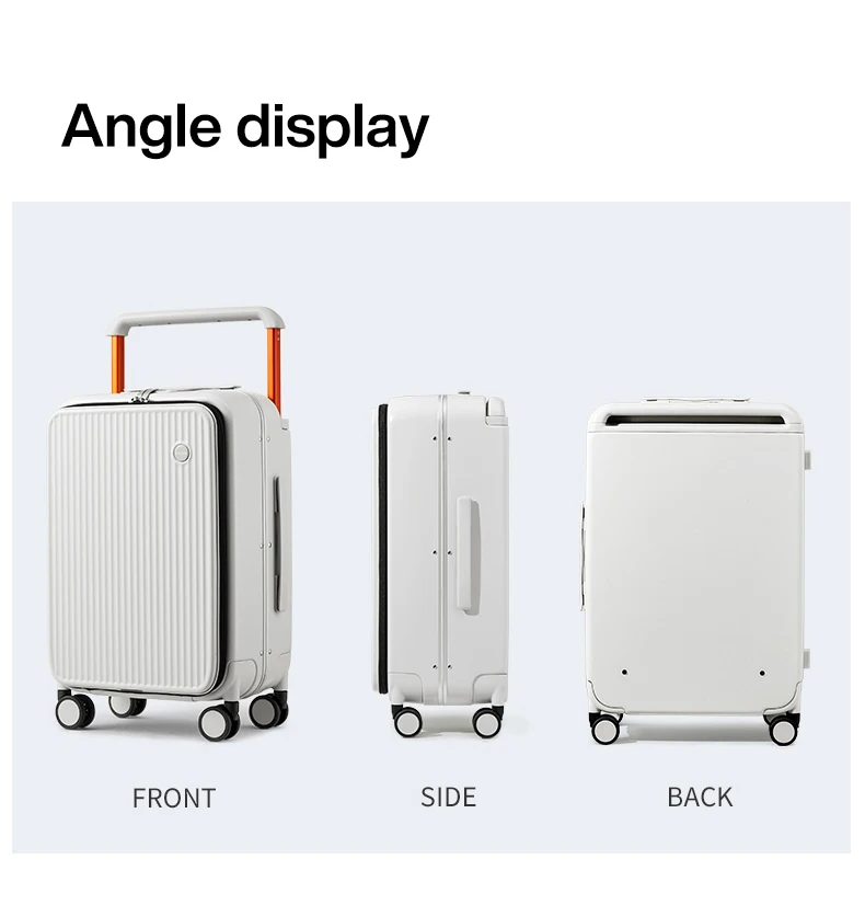 A white suitcase is displayed from the front, side, and back angles. The suitcase has a retractable handle and four wheels. The text 'Angle display', 'FRONT', 'SIDE', and 'BACK' are visible.