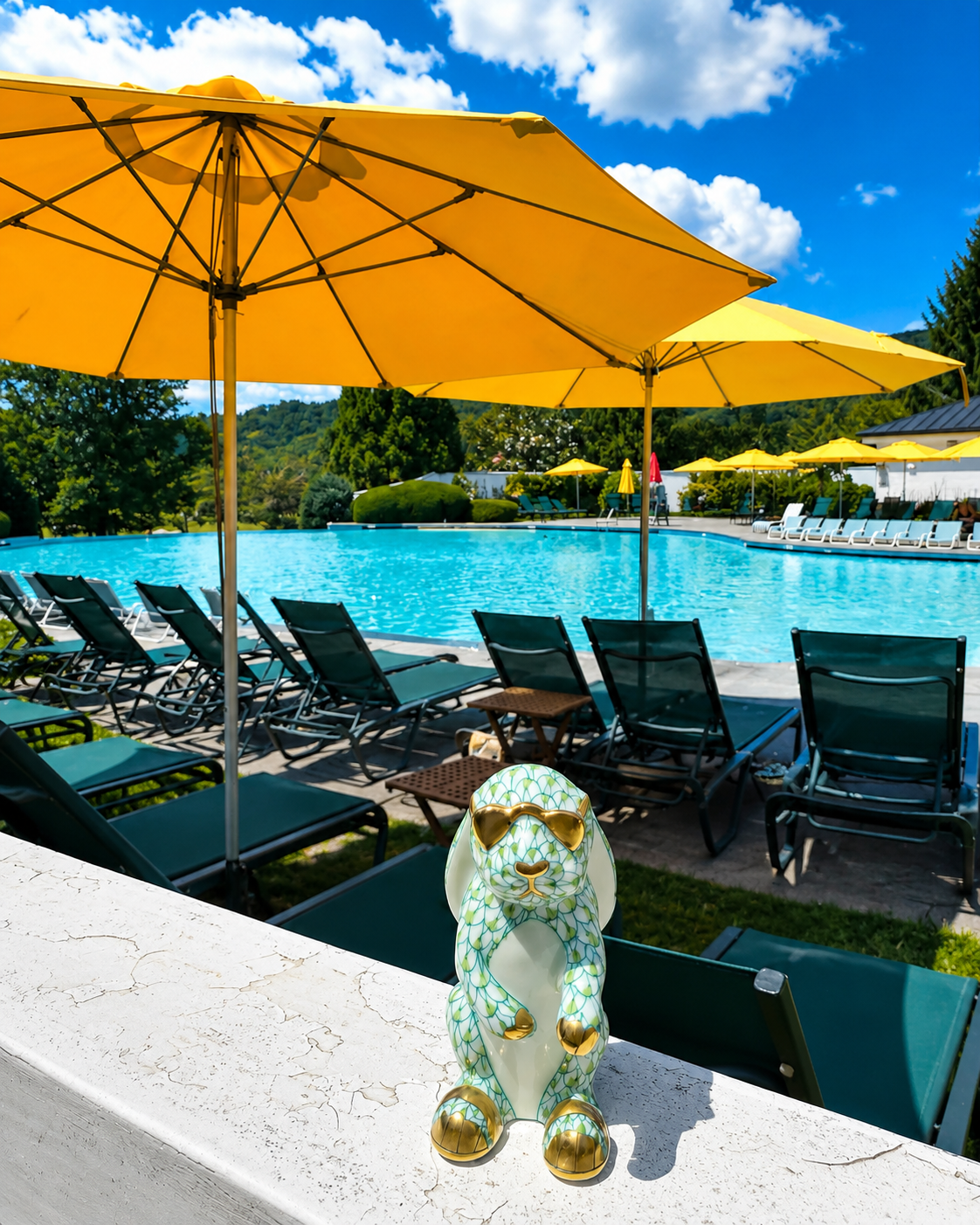 The Herend Sunny Bunny hand-painted porcelain figurine brings playful elegance to a poolside summer setting. Available in Raspberry, Blue, and Key Lime, this collectible decorative bunny showcases Herend's signature craftsmanship and makes a charming gift or home décor accent. Nationwide shipping available.
